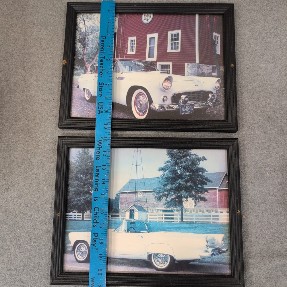 Vintage Ford Thunderbird Framed Car Prints Set of 2 White Convertible Wall Art - Picture 2 of 4
